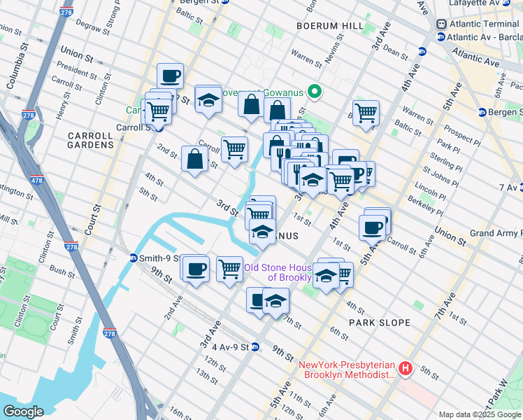map of restaurants, bars, coffee shops, grocery stores, and more near 153 2nd Street in Brooklyn