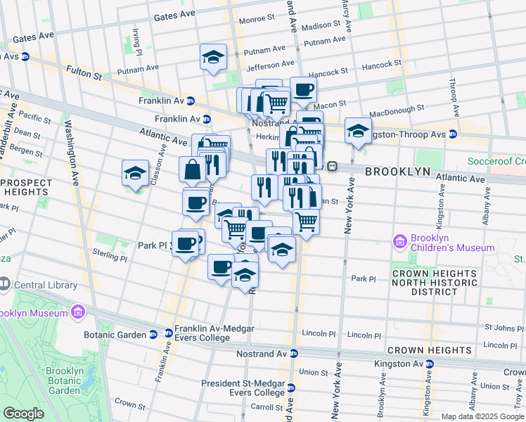 map of restaurants, bars, coffee shops, grocery stores, and more near 19 Rogers Avenue in Brooklyn