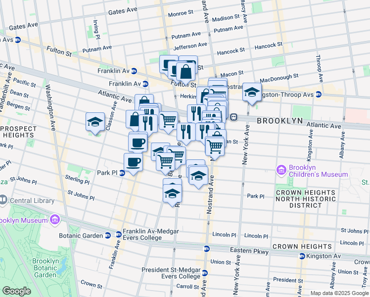 map of restaurants, bars, coffee shops, grocery stores, and more near 19 Rogers Avenue in Brooklyn