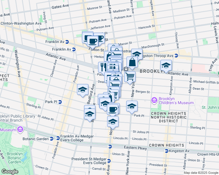 map of restaurants, bars, coffee shops, grocery stores, and more near 1075 Bergen Street in Brooklyn