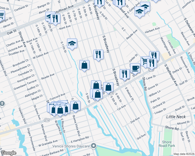 map of restaurants, bars, coffee shops, grocery stores, and more near 495 South 6th Street in Lindenhurst