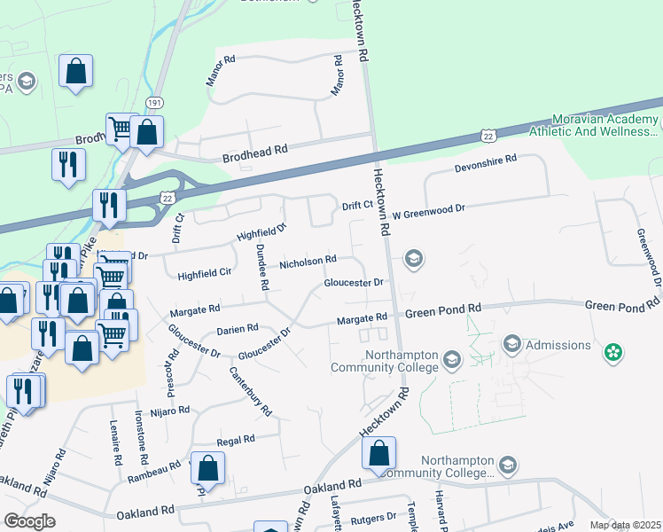 map of restaurants, bars, coffee shops, grocery stores, and more near 3606 Nicholson Road in Bethlehem
