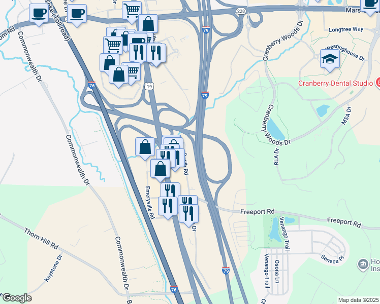map of restaurants, bars, coffee shops, grocery stores, and more near 1204 Dutilh Road in Cranberry Township