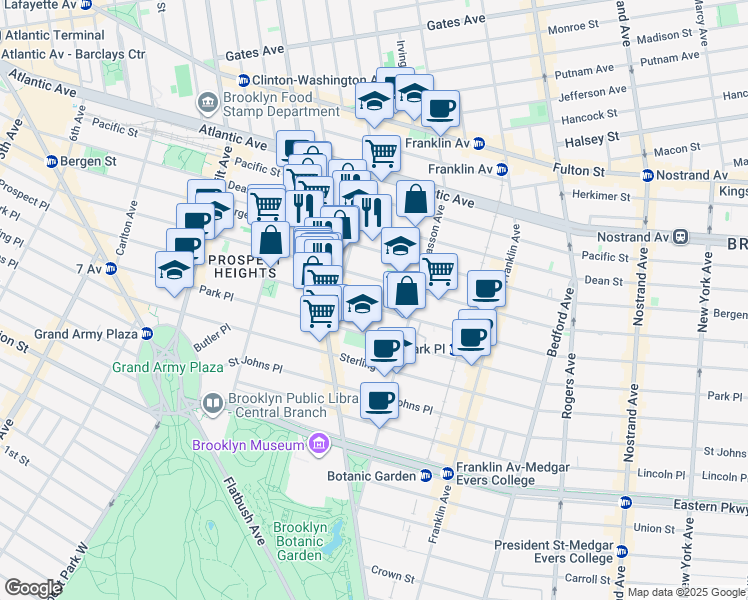 map of restaurants, bars, coffee shops, grocery stores, and more near 451 Prospect Place in Brooklyn
