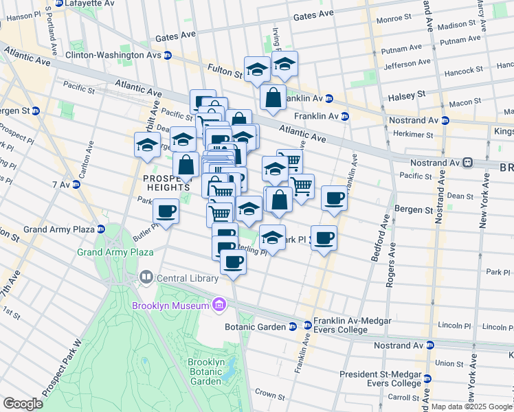 map of restaurants, bars, coffee shops, grocery stores, and more near 451 Prospect Place in Brooklyn
