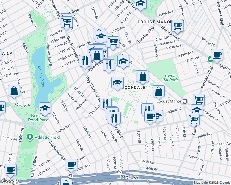 map of restaurants, bars, coffee shops, grocery stores, and more near 168-14 127th Avenue in Queens