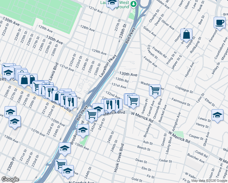 map of restaurants, bars, coffee shops, grocery stores, and more near 242-10 131st Avenue in Queens