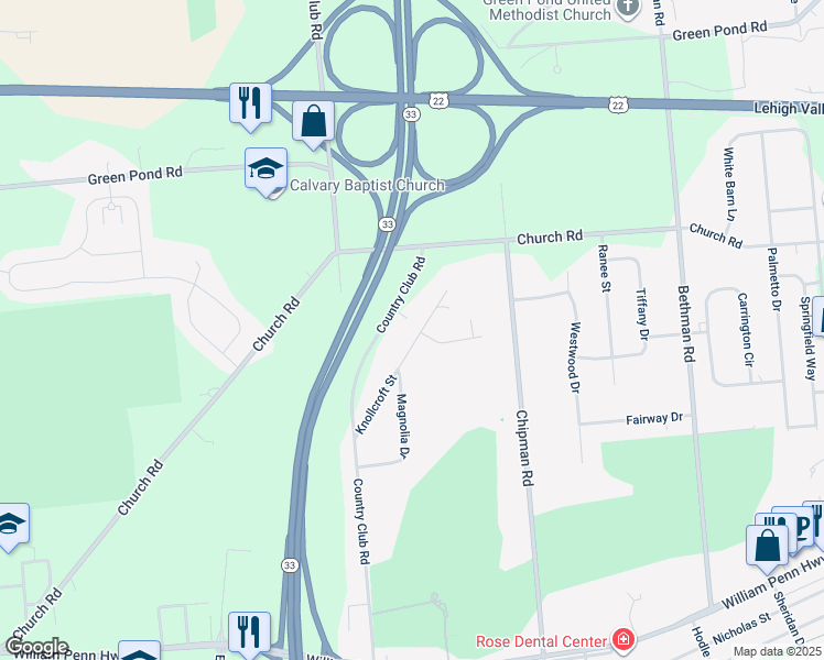 map of restaurants, bars, coffee shops, grocery stores, and more near 3721 Knollcroft Street in Easton