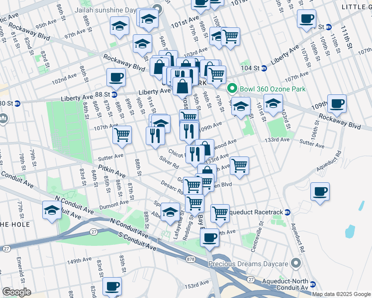map of restaurants, bars, coffee shops, grocery stores, and more near 107-61 92nd Street in Queens