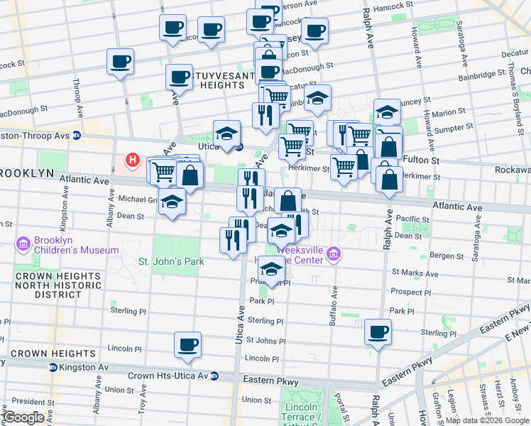 map of restaurants, bars, coffee shops, grocery stores, and more near 1822 Atlantic Avenue in Brooklyn