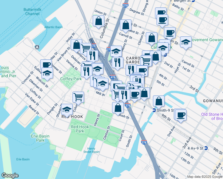 map of restaurants, bars, coffee shops, grocery stores, and more near 99 West 9th Street in Brooklyn