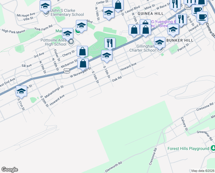 map of restaurants, bars, coffee shops, grocery stores, and more near 1509 Howard Avenue in Pottsville
