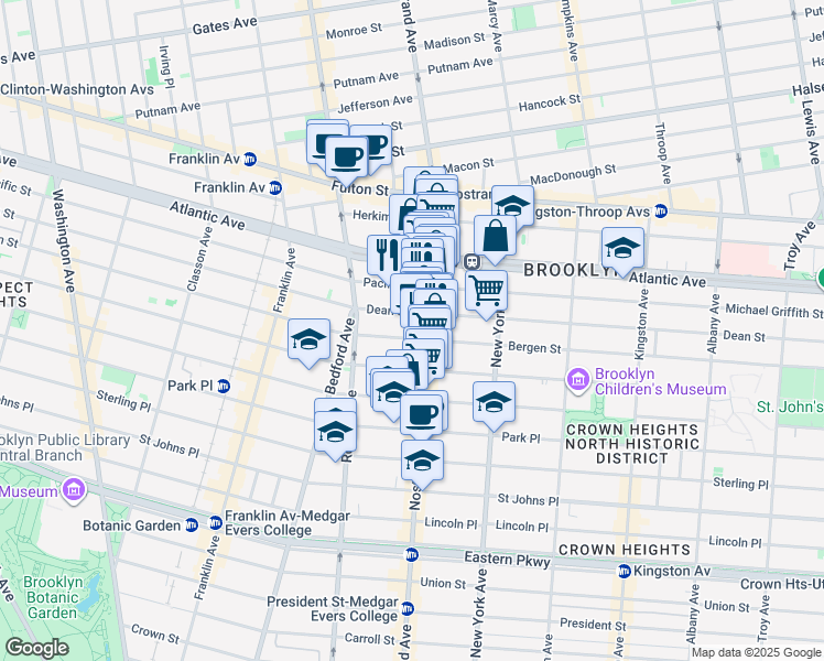 map of restaurants, bars, coffee shops, grocery stores, and more near 628 Nostrand Avenue in Brooklyn