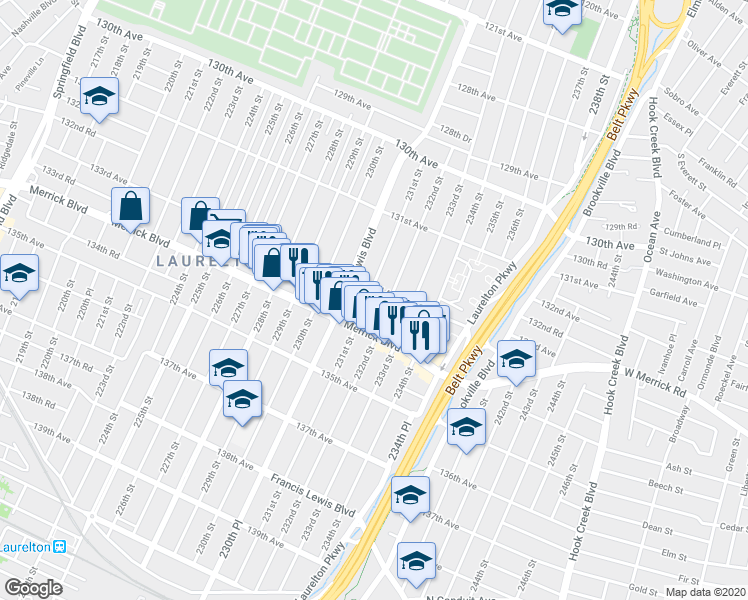 map of restaurants, bars, coffee shops, grocery stores, and more near 133-11 231st Street in Queens