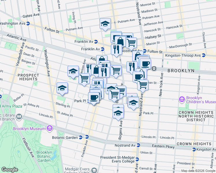 map of restaurants, bars, coffee shops, grocery stores, and more near 1076 Dean Street in Brooklyn