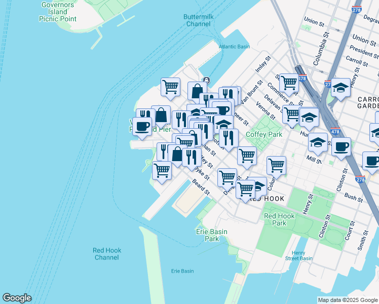 map of restaurants, bars, coffee shops, grocery stores, and more near 129 Dikeman Street in Brooklyn