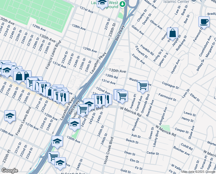 map of restaurants, bars, coffee shops, grocery stores, and more near 242-10 131st Avenue in Queens