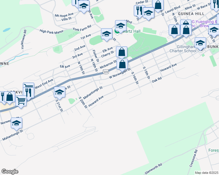 map of restaurants, bars, coffee shops, grocery stores, and more near 1805 Mahantongo Street in Pottsville