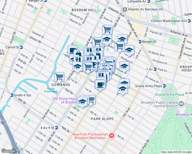map of restaurants, bars, coffee shops, grocery stores, and more near 610 President Street in Brooklyn