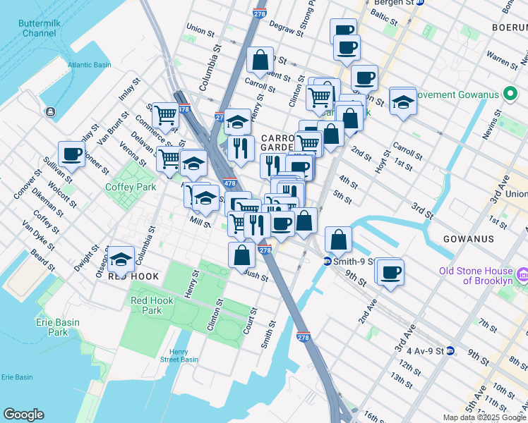 map of restaurants, bars, coffee shops, grocery stores, and more near 141 Huntington Street in Brooklyn