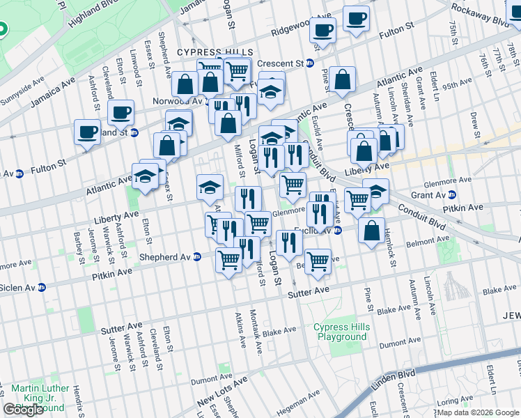 map of restaurants, bars, coffee shops, grocery stores, and more near 381 Logan Street in Brooklyn