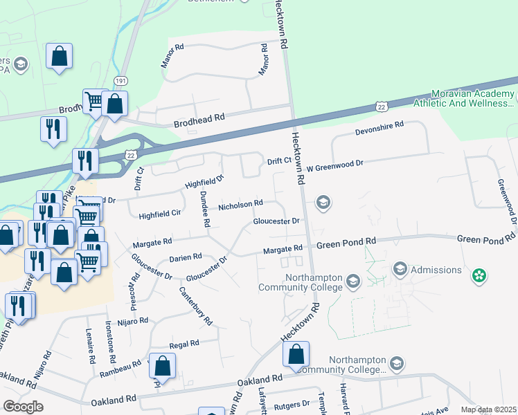 map of restaurants, bars, coffee shops, grocery stores, and more near 3606 Nicholson Road in Bethlehem