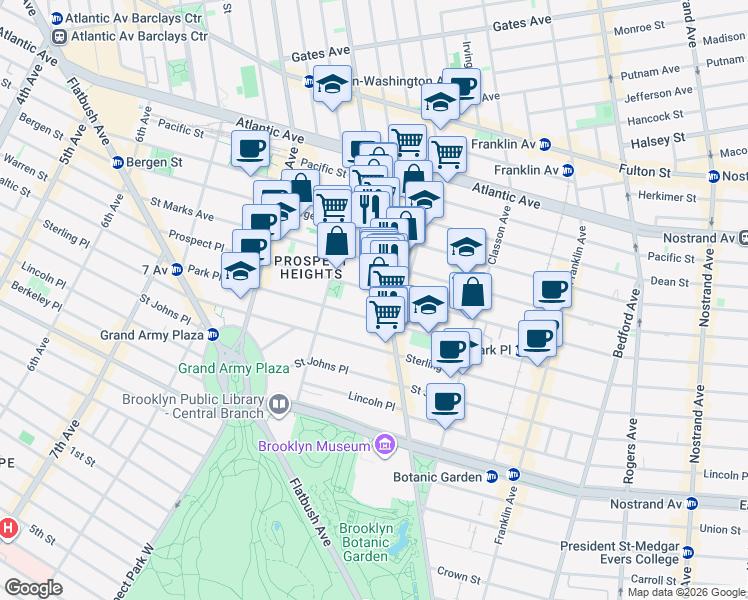 map of restaurants, bars, coffee shops, grocery stores, and more near 677 Washington Avenue in Brooklyn