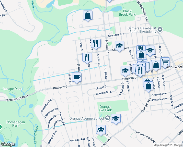 map of restaurants, bars, coffee shops, grocery stores, and more near 40 North 11th Street in Kenilworth