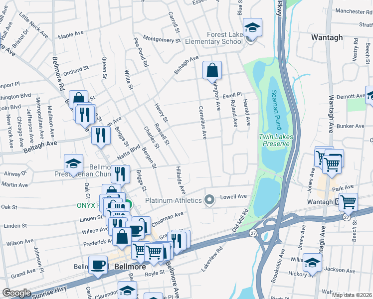 map of restaurants, bars, coffee shops, grocery stores, and more near 2011 Henry Street in North Bellmore