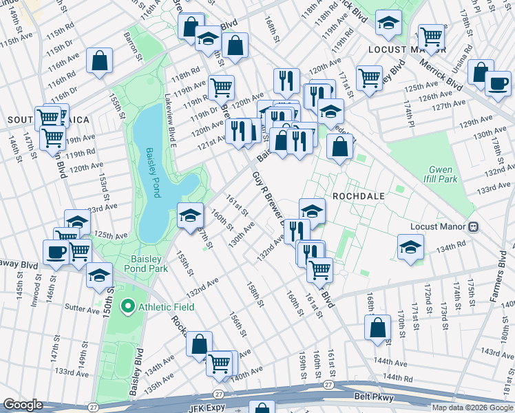 map of restaurants, bars, coffee shops, grocery stores, and more near 161-37 129th Avenue in Queens