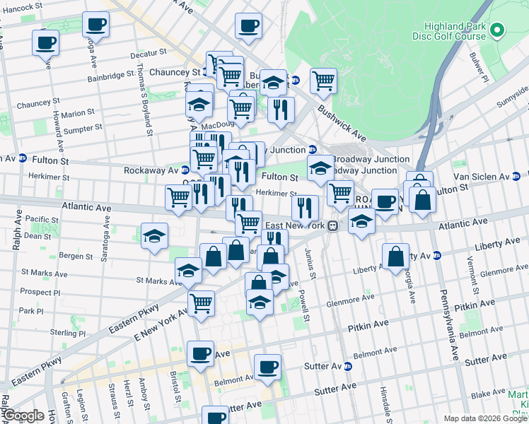 map of restaurants, bars, coffee shops, grocery stores, and more near 27 Sherlock Place in Brooklyn