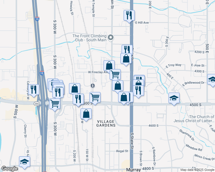 map of restaurants, bars, coffee shops, grocery stores, and more near 4350 South Main Street in Murray