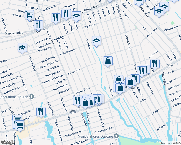 map of restaurants, bars, coffee shops, grocery stores, and more near 418 South 12th Street in Lindenhurst