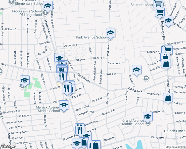 map of restaurants, bars, coffee shops, grocery stores, and more near 2154 1st Avenue in Merrick