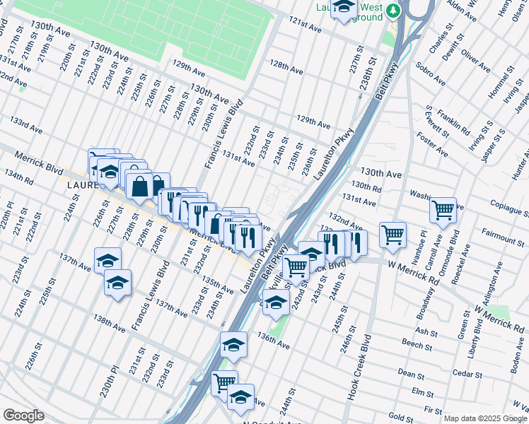 map of restaurants, bars, coffee shops, grocery stores, and more near 131-39 234th Street in Queens
