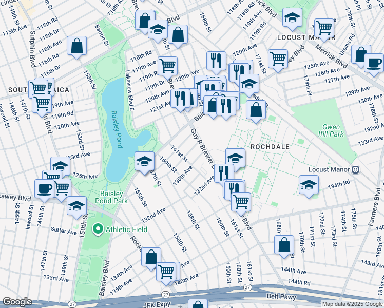 map of restaurants, bars, coffee shops, grocery stores, and more near 161-37 129th Avenue in Queens