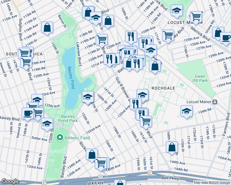 map of restaurants, bars, coffee shops, grocery stores, and more near 161-37 129th Avenue in Queens