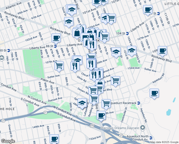 map of restaurants, bars, coffee shops, grocery stores, and more near 107-61 92nd Street in Queens