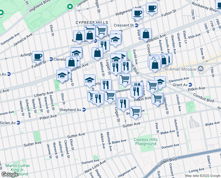 map of restaurants, bars, coffee shops, grocery stores, and more near 381 Logan Street in Brooklyn