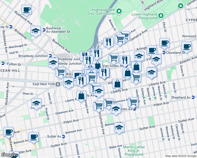 map of restaurants, bars, coffee shops, grocery stores, and more near 117 New Jersey Avenue in Brooklyn