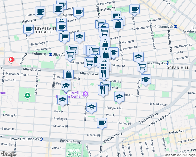 map of restaurants, bars, coffee shops, grocery stores, and more near 30 Columbus Place in Brooklyn