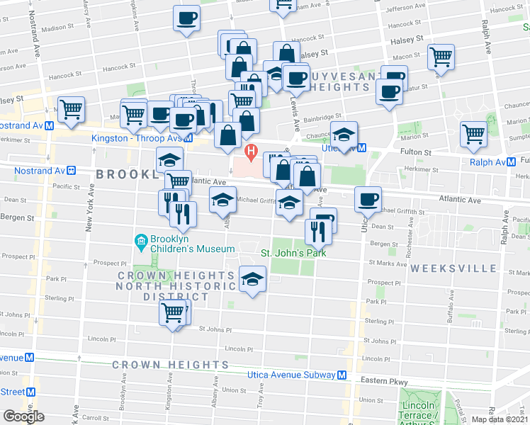 map of restaurants, bars, coffee shops, grocery stores, and more near 1633 Pacific Street in Brooklyn