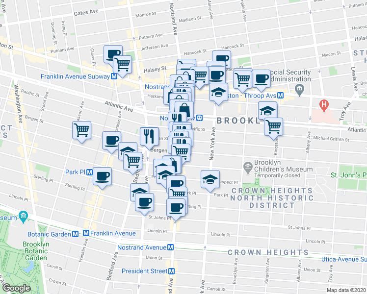 map of restaurants, bars, coffee shops, grocery stores, and more near 628 Nostrand Avenue in Brooklyn