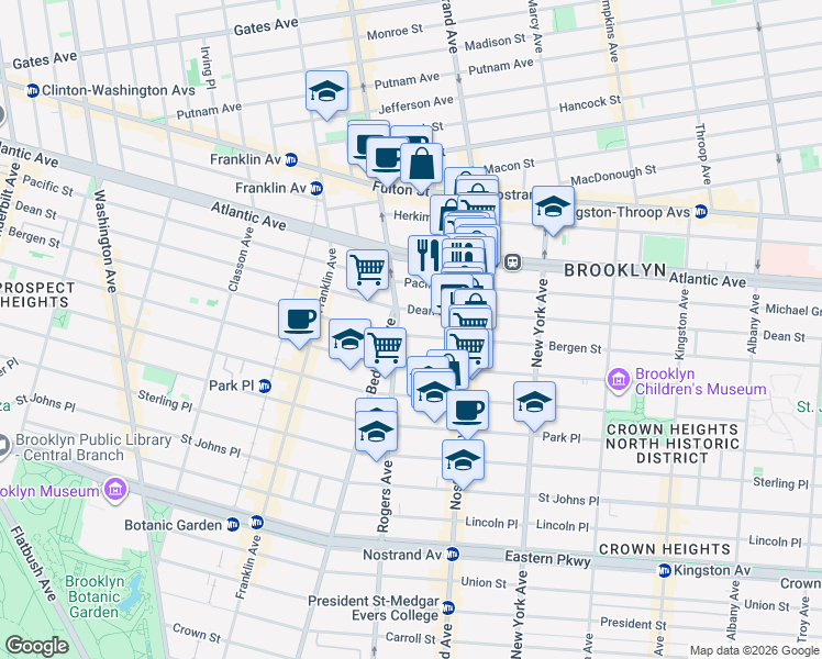 map of restaurants, bars, coffee shops, grocery stores, and more near 1147 Dean Street in Brooklyn