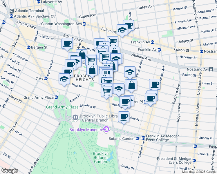 map of restaurants, bars, coffee shops, grocery stores, and more near 677 Washington Avenue in Brooklyn