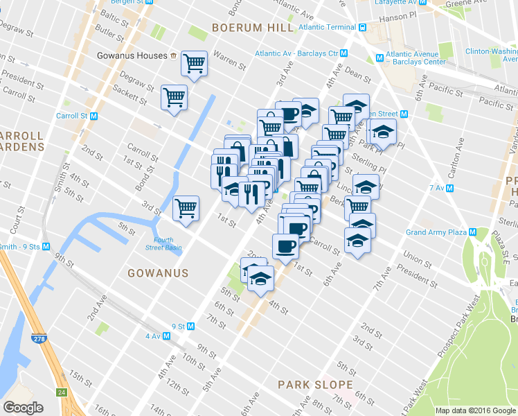 map of restaurants, bars, coffee shops, grocery stores, and more near 564 President Street in Brooklyn