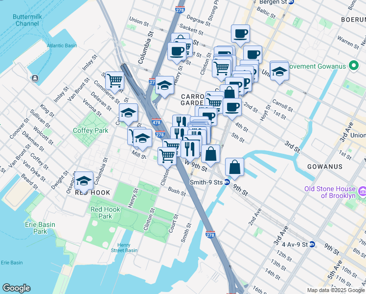 map of restaurants, bars, coffee shops, grocery stores, and more near Hamilton Avenue in Brooklyn