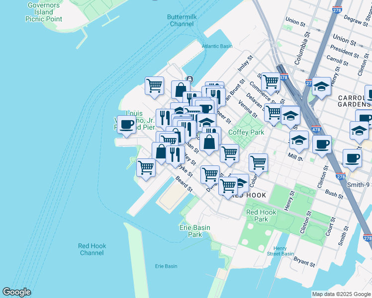 map of restaurants, bars, coffee shops, grocery stores, and more near 353 Van Brunt Street in Brooklyn