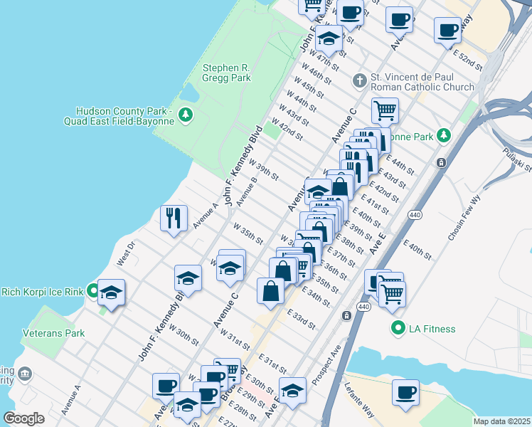 map of restaurants, bars, coffee shops, grocery stores, and more near 80-82 East 38th Street in Bayonne