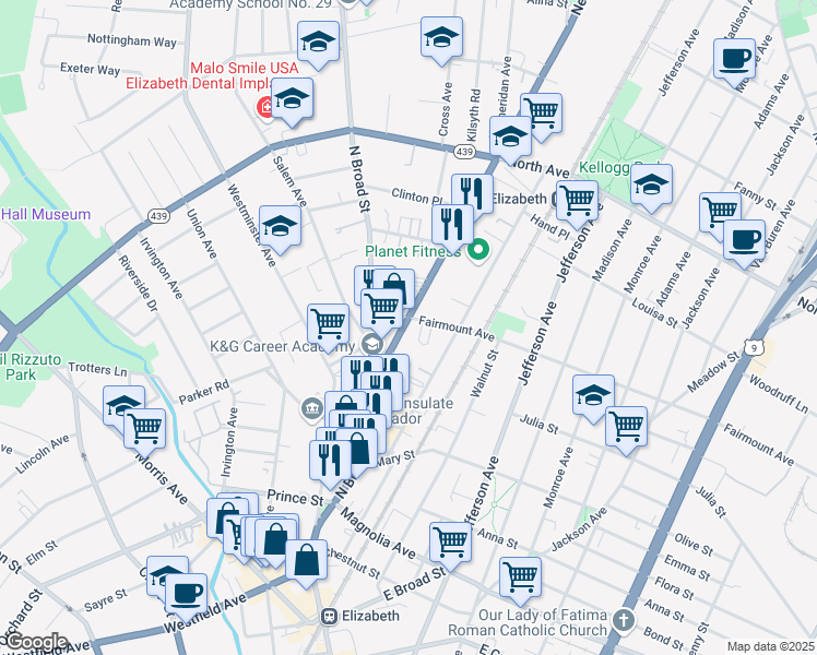map of restaurants, bars, coffee shops, grocery stores, and more near 1251 Fairmount Avenue in Elizabeth